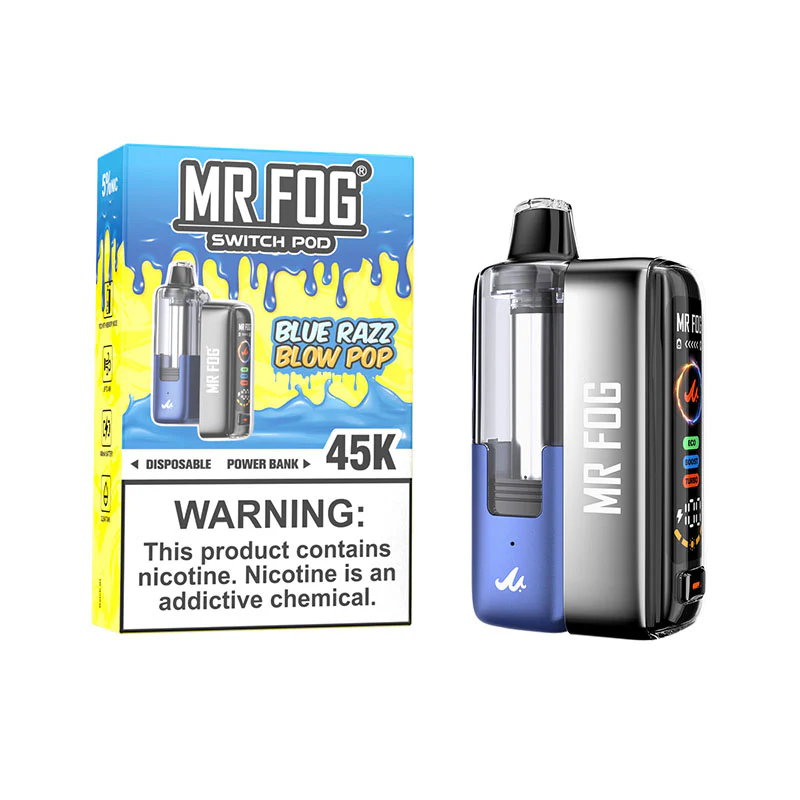 Blue Razz Blow Pop Mr Fog Switch 45K Puffs- Pods Kit 1 Blue Razz Blow Pop Mr Fog Switch